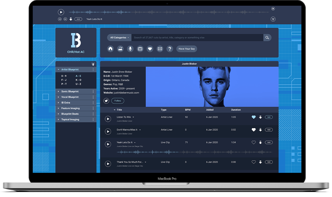 Screenshot of Imaging Blueprint audio database